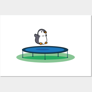 Penguin jumping on a trampoline Posters and Art